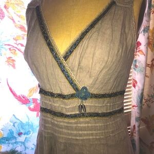 Fabulous embellished linen dress/antique Chinese embroidery trim, One of a kind